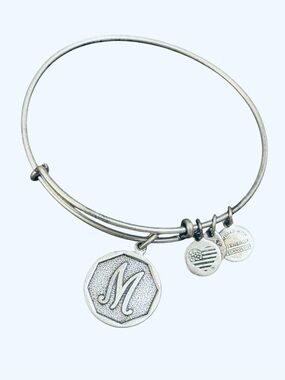 Alex and Ani Script Initial M Charm Expandable Wire Bangle Bracelet Silver